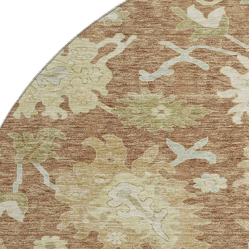 8' Rust Ivory And Beige Floral Medallion Washable Round Rug With UV Protection Photo 2