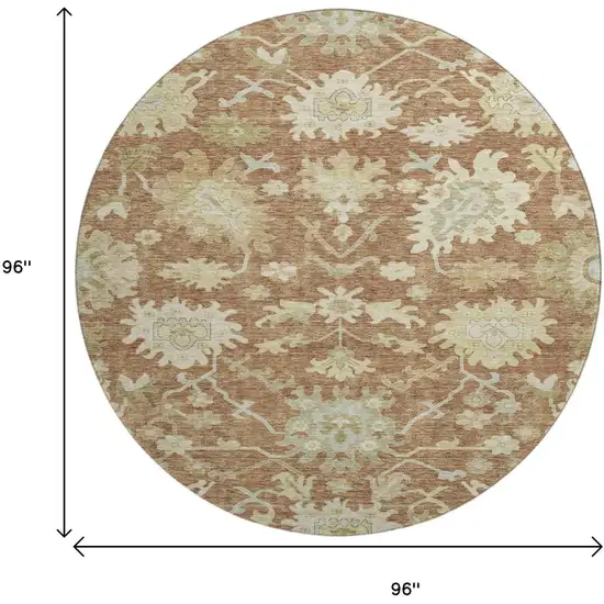8' Rust Ivory And Beige Floral Medallion Washable Round Rug With UV Protection Photo 9