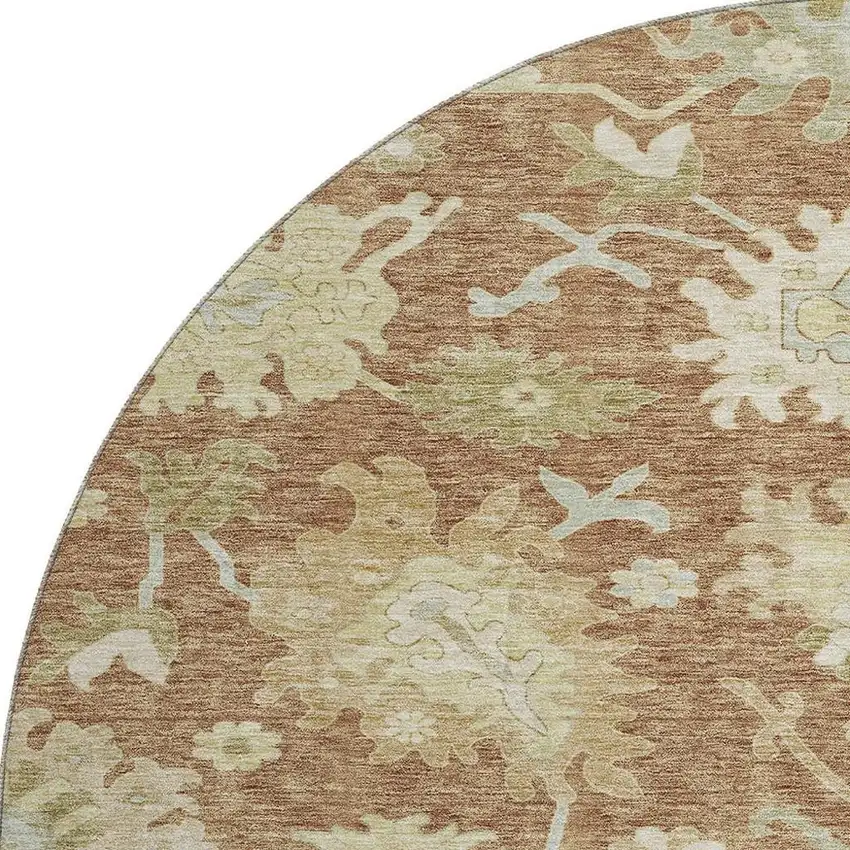 8' Rust Ivory And Beige Floral Medallion Washable Round Rug With UV Protection Photo 3