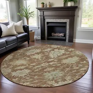 Photo of 8' Rust Ivory And Beige Floral Medallion Washable Round Rug With UV Protection