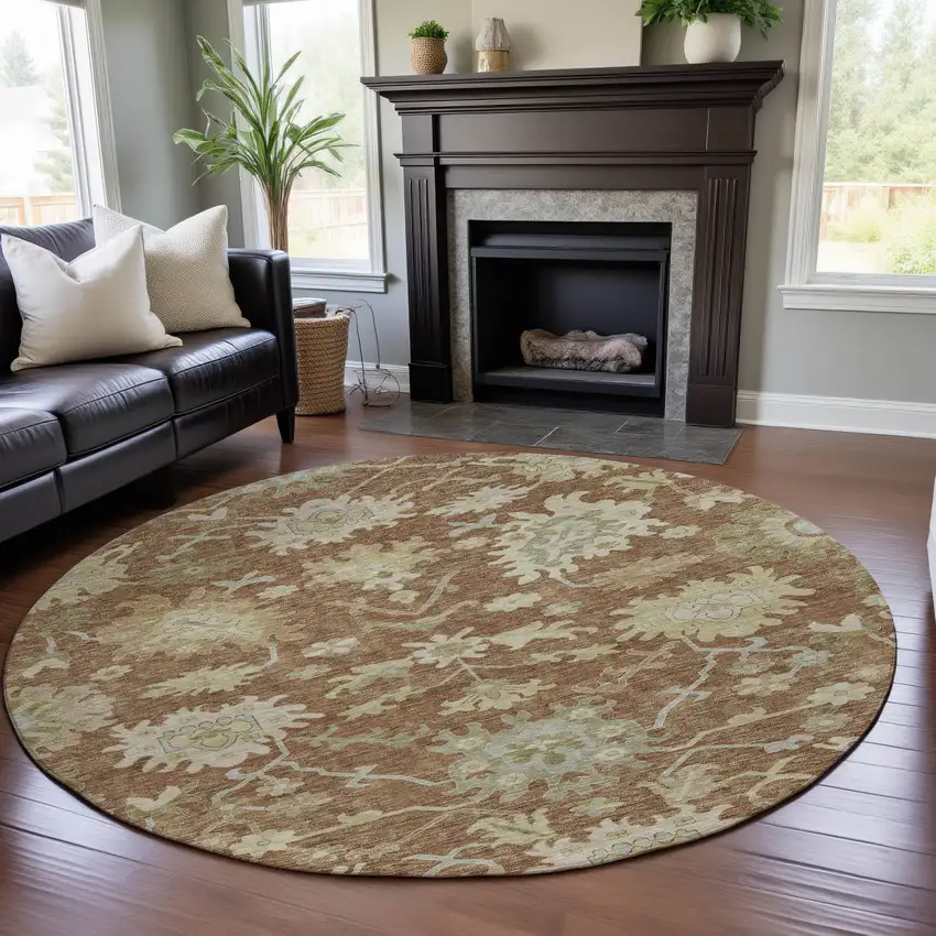 8' Rust Ivory And Beige Floral Medallion Washable Round Rug With UV Protection Photo 4