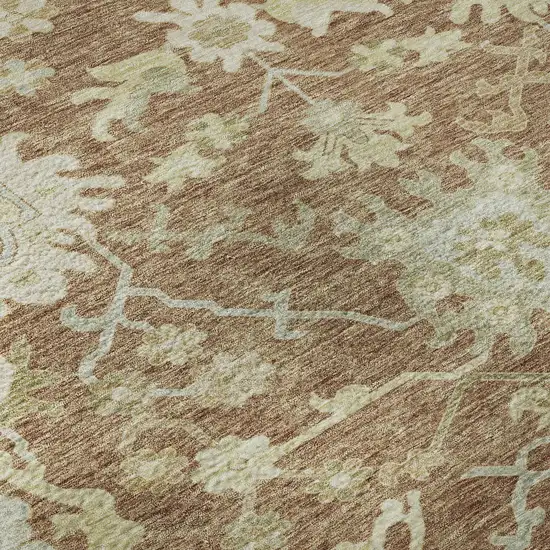 8' Rust Ivory And Beige Floral Medallion Washable Round Rug With UV Protection Photo 8