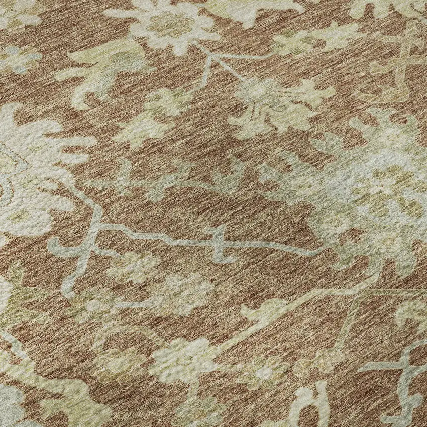 8' Rust Ivory And Beige Floral Medallion Washable Round Rug With UV Protection Photo 8