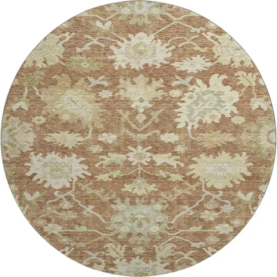 8' Rust Ivory And Beige Floral Medallion Washable Round Rug With UV Protection Photo 1
