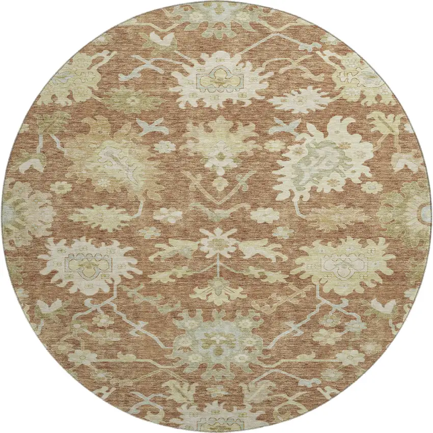 8' Rust Ivory And Beige Floral Medallion Washable Round Rug With UV Protection Photo 1