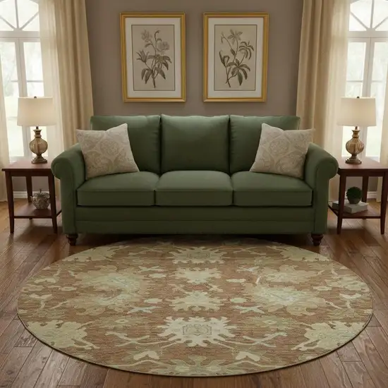 8' Rust Ivory And Beige Floral Medallion Washable Round Rug With UV Protection Photo 2