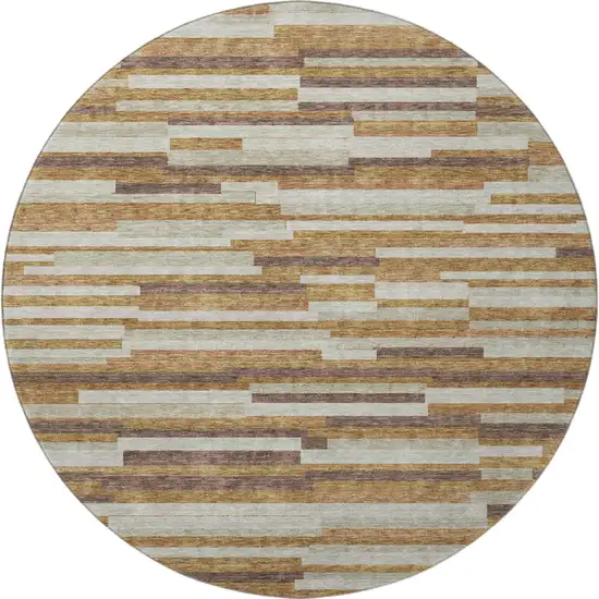 8' Rust Ivory And Beige Striped Washable Round Rug With UV Protection Photo 4