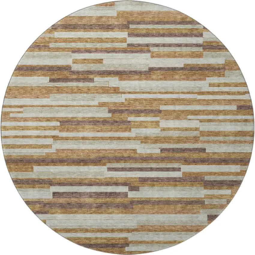 8' Rust Ivory And Beige Striped Washable Round Rug With UV Protection Photo 4
