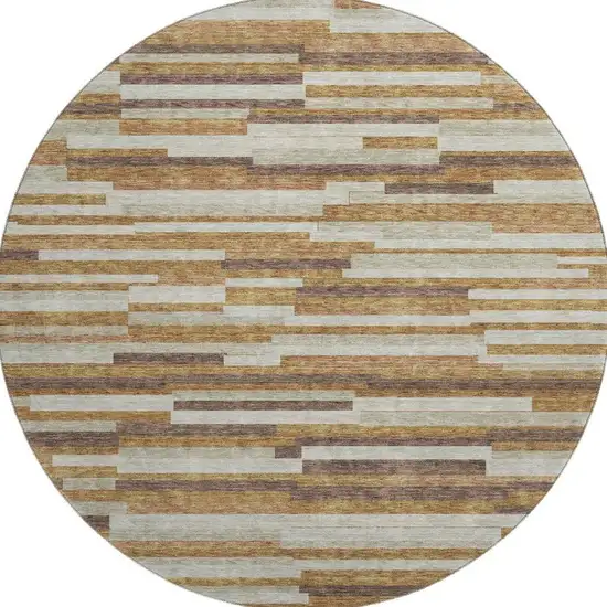 8' Rust Ivory And Beige Striped Washable Round Rug With UV Protection Photo 3