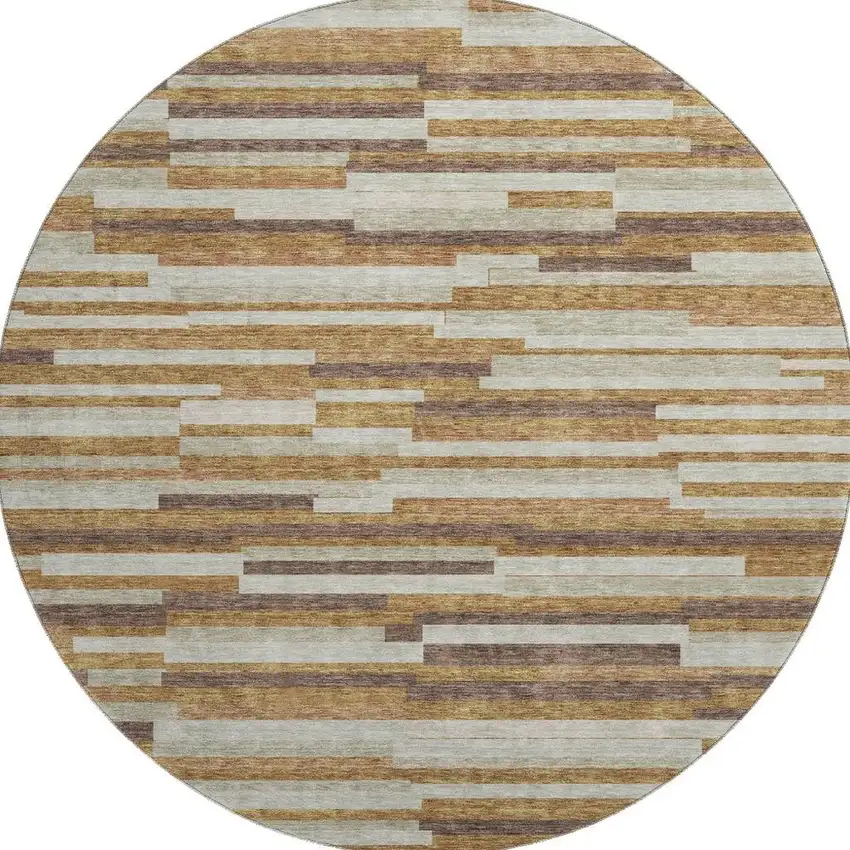 8' Rust Ivory And Beige Striped Washable Round Rug With UV Protection Photo 3