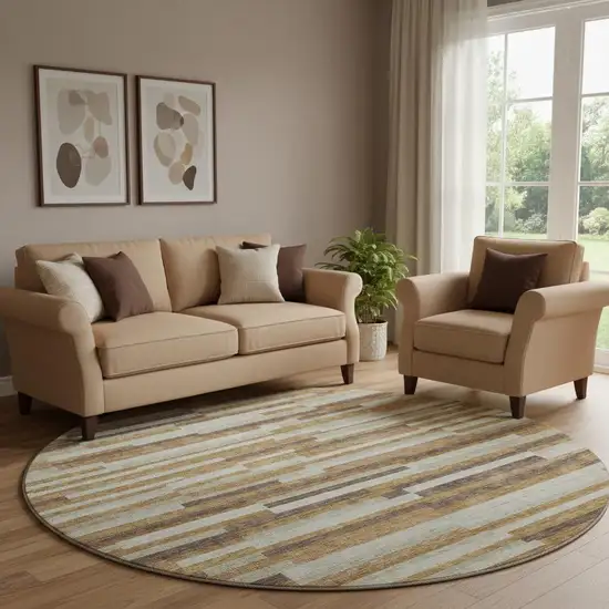 8' Rust Ivory And Beige Striped Washable Round Rug With UV Protection Photo 1