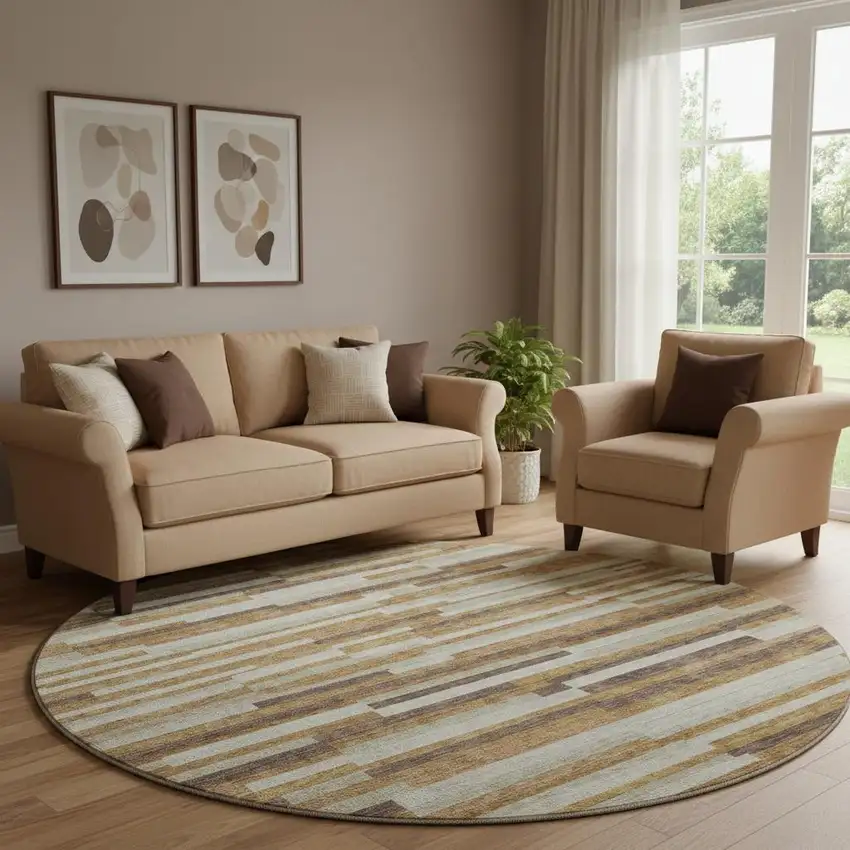 8' Rust Ivory And Beige Striped Washable Round Rug With UV Protection Photo 1