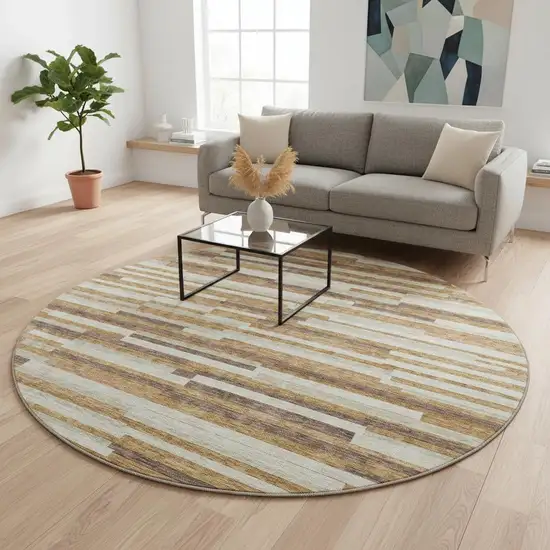 8' Rust Ivory And Beige Striped Washable Round Rug With UV Protection Photo 2