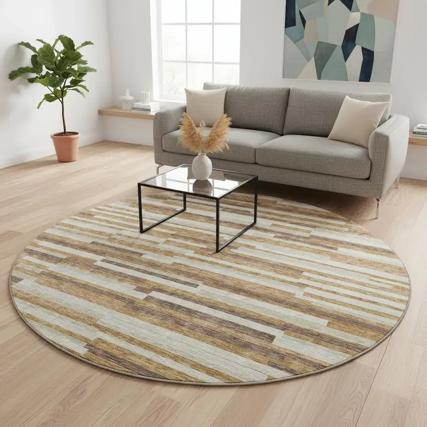 8' Rust Ivory And Beige Striped Washable Round Rug With UV Protection Photo 2