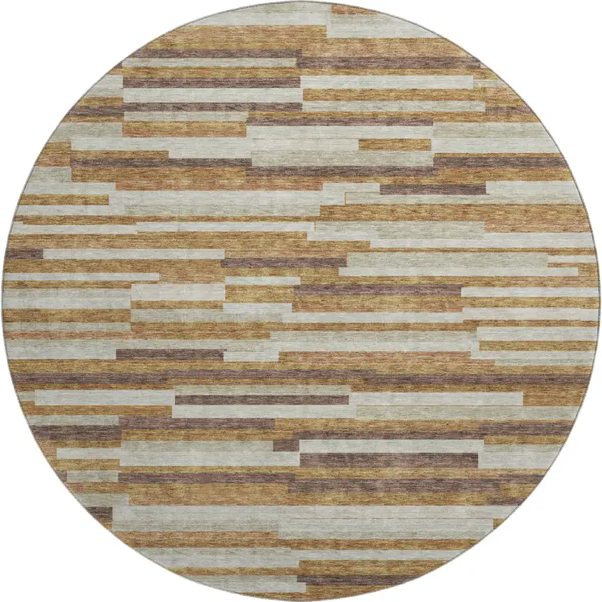 8' Rust Ivory And Beige Striped Washable Round Rug With UV Protection Photo 1