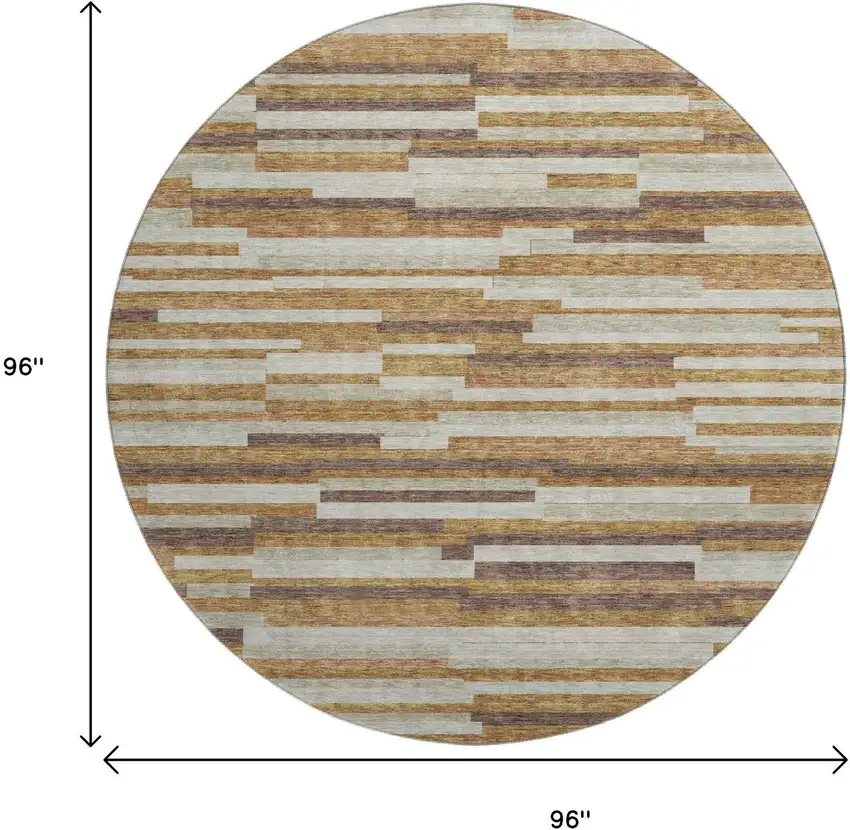 8' Rust Ivory And Beige Striped Washable Round Rug With UV Protection Photo 8