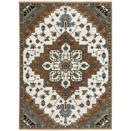 8' Rust Ivory And Black Medallion Runner Rug With Fringe Photo 2
