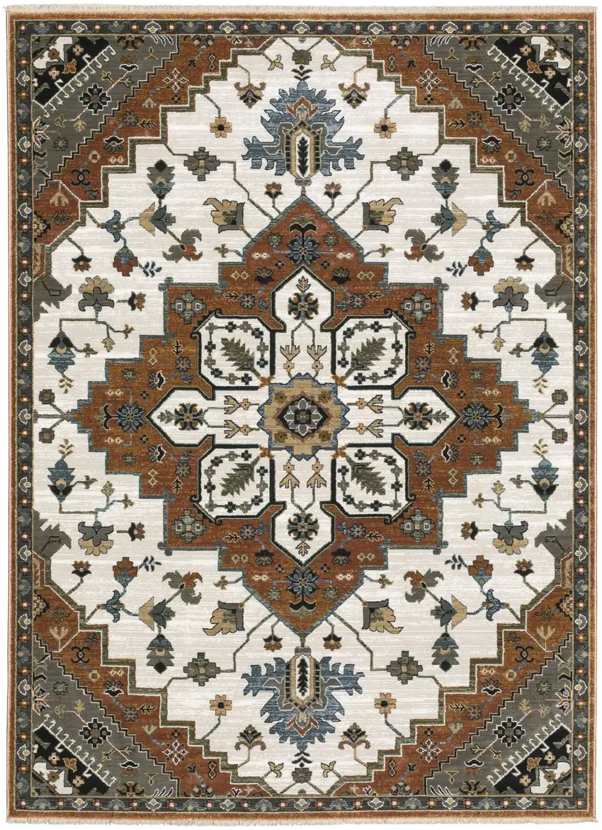 8' Rust Ivory And Black Medallion Runner Rug With Fringe Photo 2