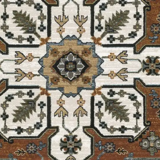 8' Rust Ivory And Black Medallion Runner Rug With Fringe Photo 7