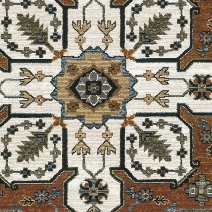 8' Rust Ivory And Black Medallion Runner Rug With Fringe Photo 7