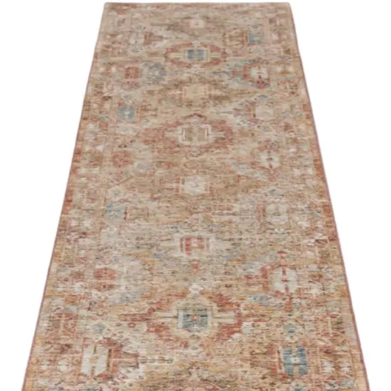 10' Rust Ivory And Blue Geometric Distressed Runner Rug Photo 2