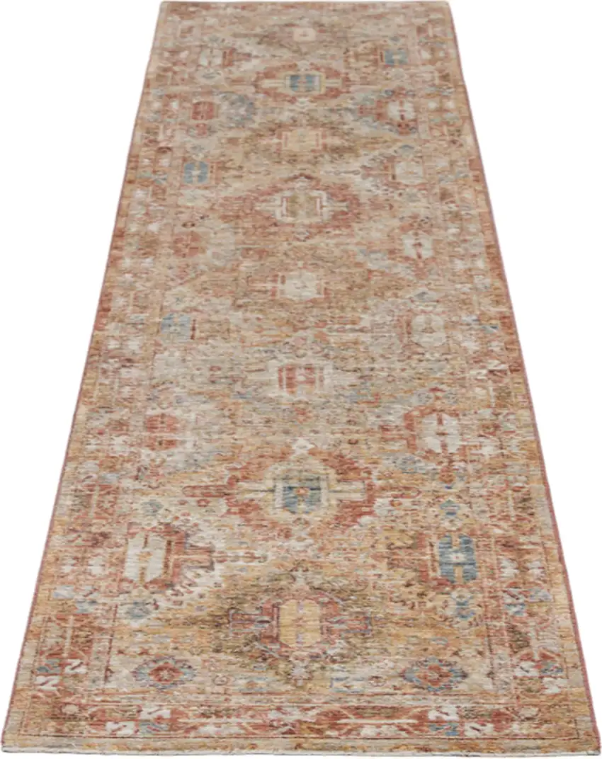 10' Rust Ivory And Blue Geometric Distressed Runner Rug Photo 3