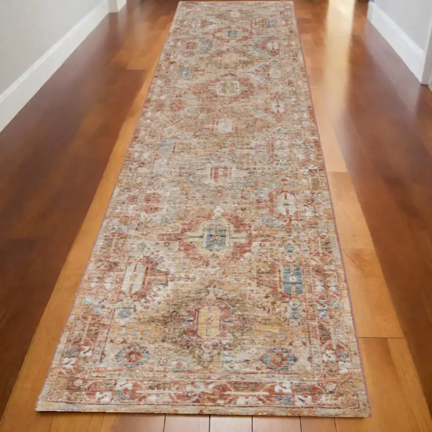 10' Rust Ivory And Blue Geometric Distressed Runner Rug Photo 1