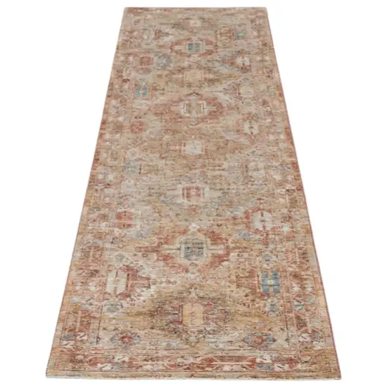 10' Rust Ivory And Blue Geometric Distressed Runner Rug Photo 2