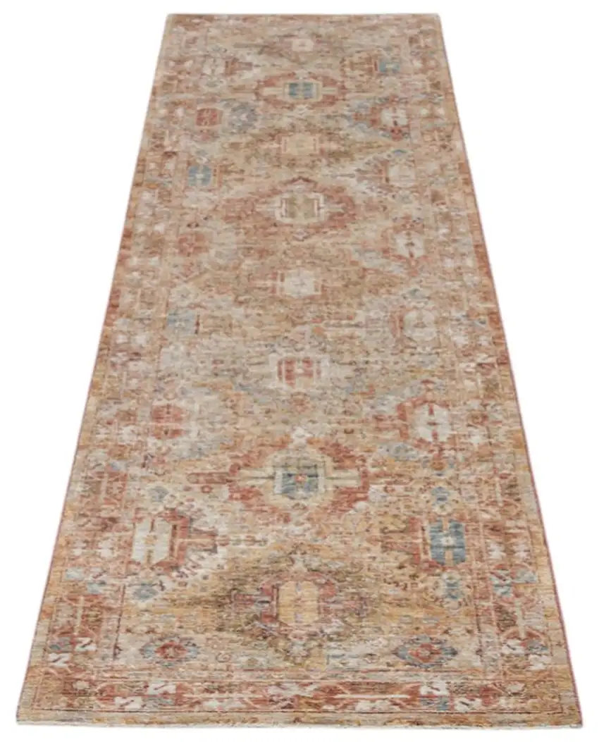 10' Rust Ivory And Blue Geometric Distressed Runner Rug Photo 2