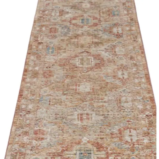10' Rust Ivory And Blue Geometric Distressed Runner Rug Photo 2