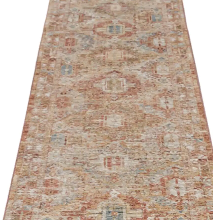 10' Rust Ivory And Blue Geometric Distressed Runner Rug Photo 2