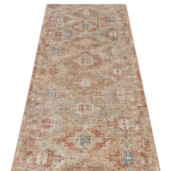 10' Rust Ivory And Blue Geometric Distressed Runner Rug Photo 6