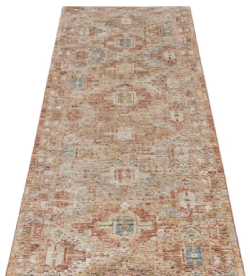 10' Rust Ivory And Blue Geometric Distressed Runner Rug Photo 6