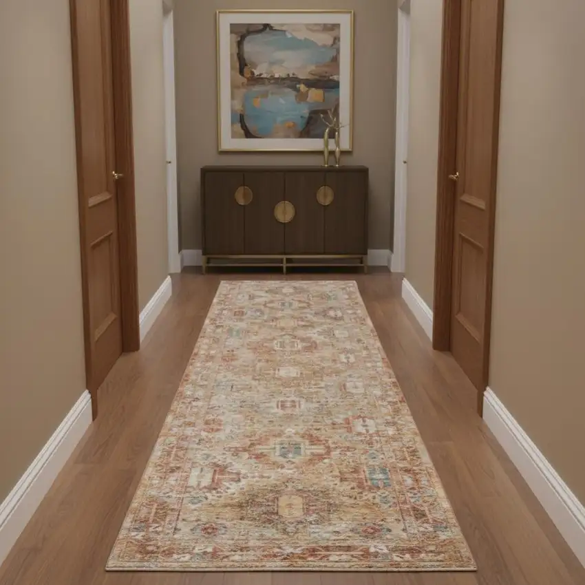 10' Rust Ivory And Blue Geometric Distressed Runner Rug Photo 1