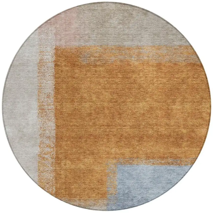8' Rust Ivory And Blue Round Abstract Washable Indoor Outdoor Area Rug Photo 4