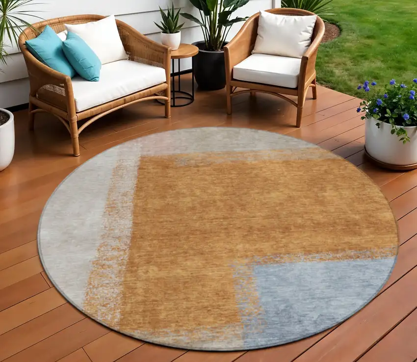 8' Rust Ivory And Blue Round Abstract Washable Indoor Outdoor Area Rug Photo 1