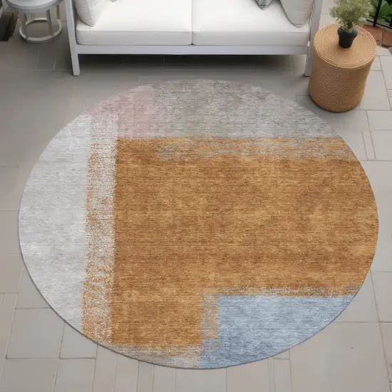 8' Rust Ivory And Blue Round Abstract Washable Indoor Outdoor Area Rug Photo 8