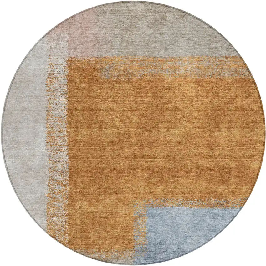 8' Rust Ivory And Blue Round Abstract Washable Indoor Outdoor Area Rug Photo 2