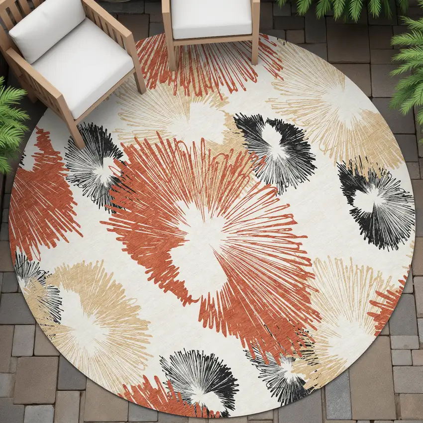 8' Rust Ivory And Charcoal Round Floral Washable Indoor Outdoor Area Rug Photo 7