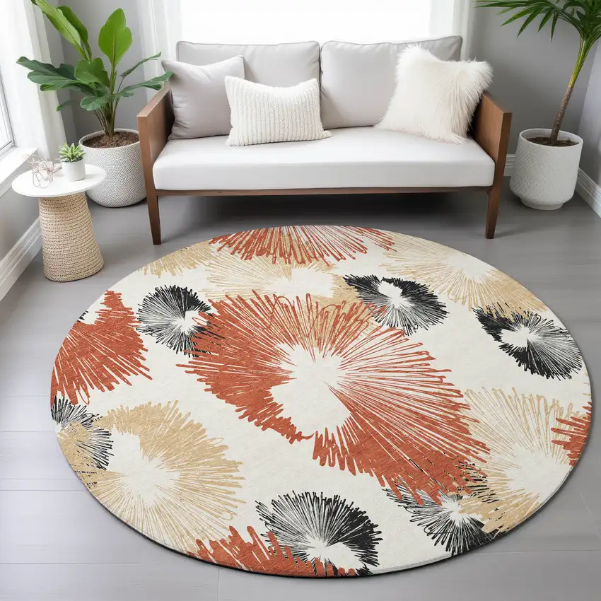 8' Rust Ivory And Charcoal Round Floral Washable Indoor Outdoor Area Rug Photo 9