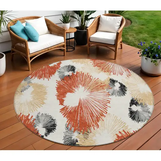 8' Rust Ivory And Charcoal Round Floral Washable Indoor Outdoor Area Rug Photo 2