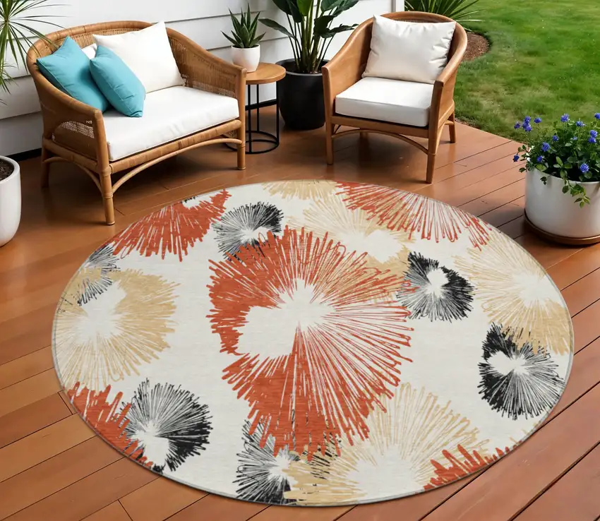 8' Rust Ivory And Charcoal Round Floral Washable Indoor Outdoor Area Rug Photo 2