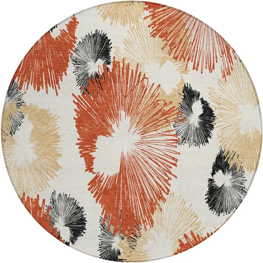 8' Rust Ivory And Charcoal Round Floral Washable Indoor Outdoor Area Rug Photo 1