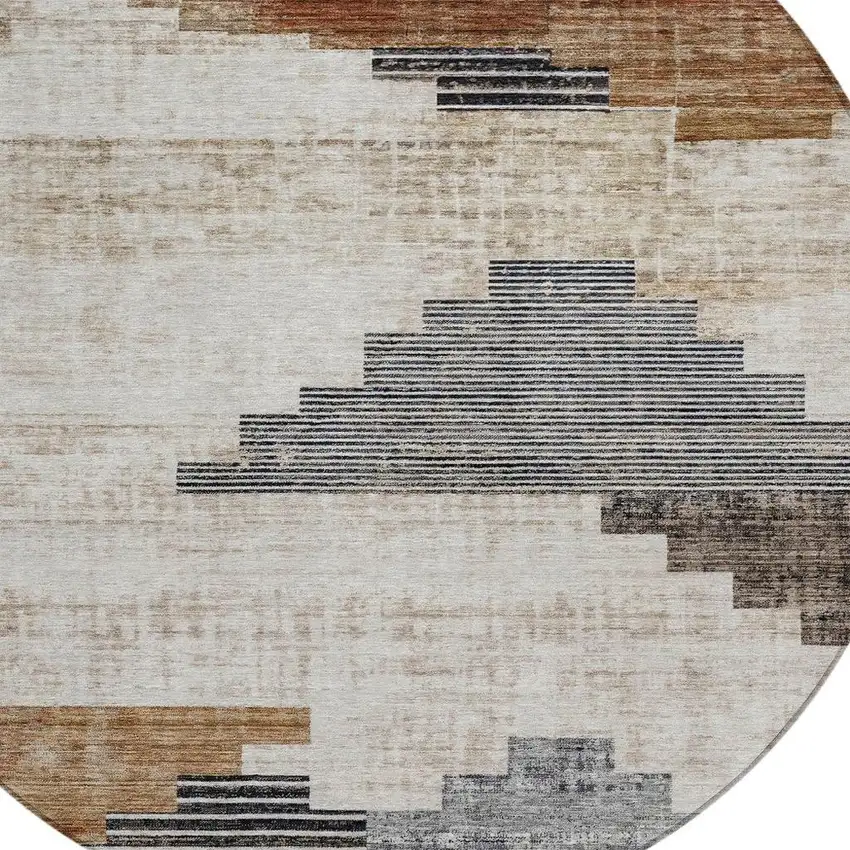 8' Rust Ivory And Charcoal Round Geometric Washable Indoor Outdoor Area Rug Photo 4