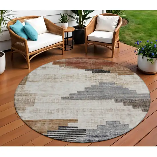 8' Rust Ivory And Charcoal Round Geometric Washable Indoor Outdoor Area Rug Photo 2