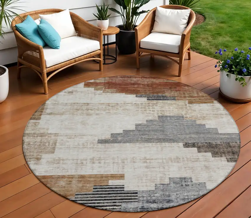 8' Rust Ivory And Charcoal Round Geometric Washable Indoor Outdoor Area Rug Photo 2