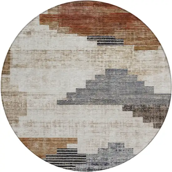 8' Rust Ivory And Charcoal Round Geometric Washable Indoor Outdoor Area Rug Photo 1