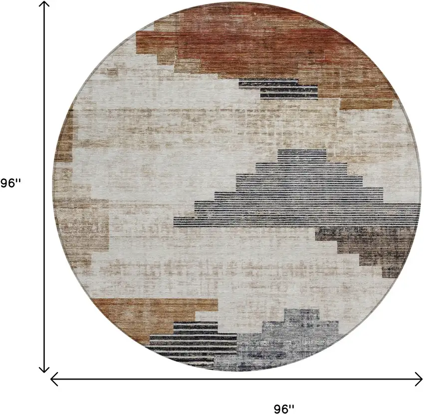8' Rust Ivory And Charcoal Round Geometric Washable Indoor Outdoor Area Rug Photo 9