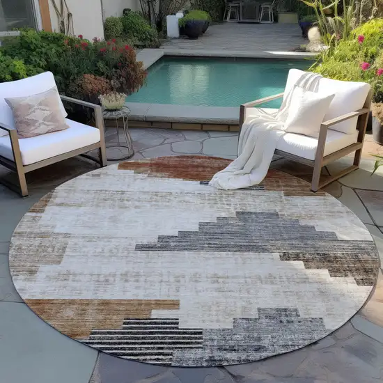 8' Rust Ivory And Charcoal Round Geometric Washable Indoor Outdoor Area Rug Photo 5