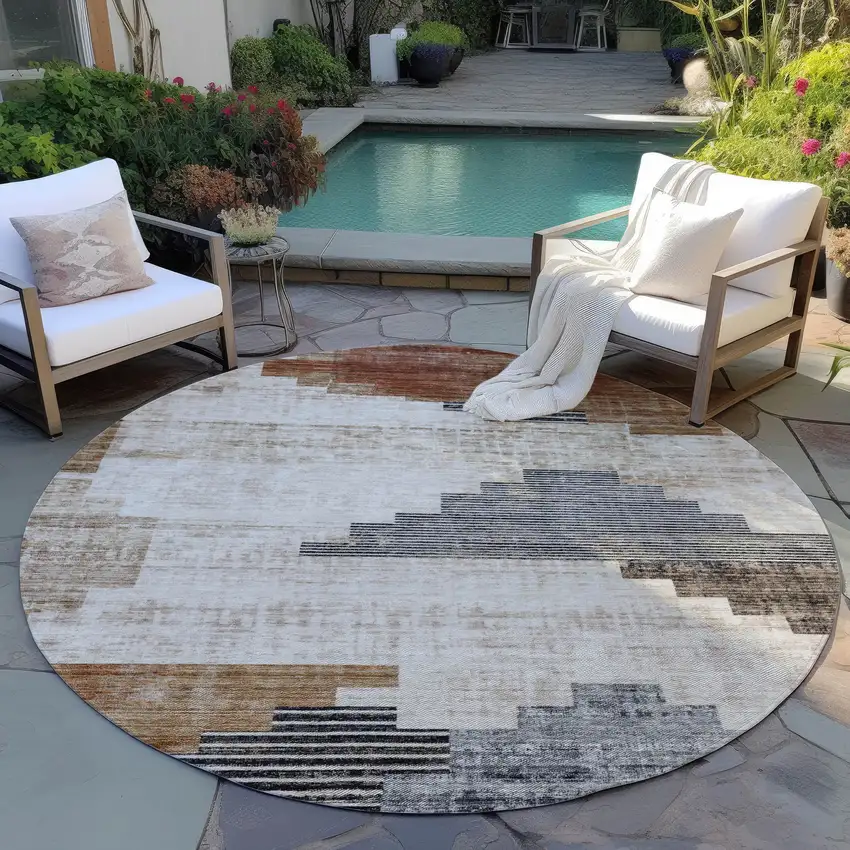 8' Rust Ivory And Charcoal Round Geometric Washable Indoor Outdoor Area Rug Photo 5